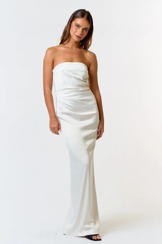 About Time Satin Pleated Tube White Maxi Dress