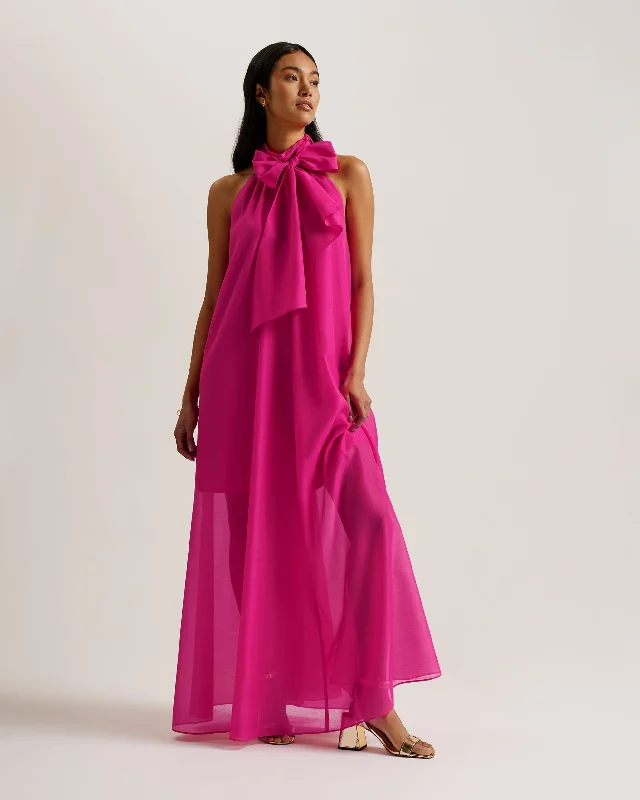 Arikaa Organza Maxi Dress With Tie Neck Brt-Pink