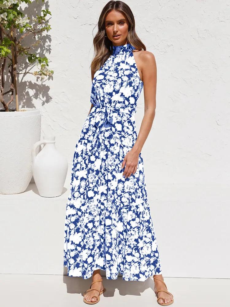 Blue Floral Halter Neck Maxi Dress