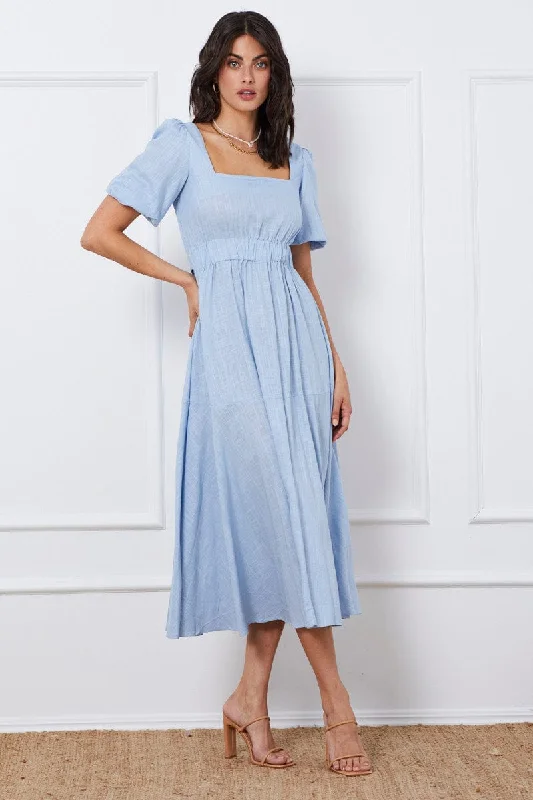 Blue Midi Dress Short Sleeve Square Neck