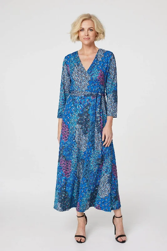 Peacock Print Wrap Maxi Dress