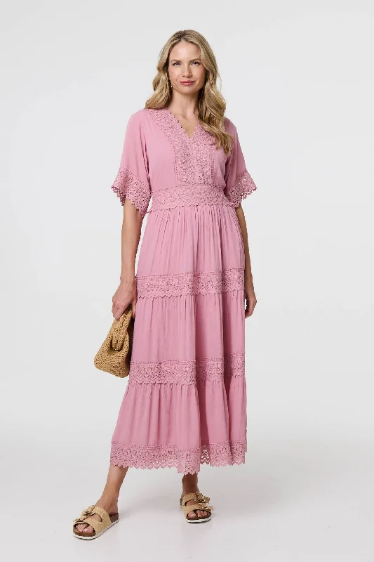 Lace Trim 1/2 Angel Sleeve Maxi Dress