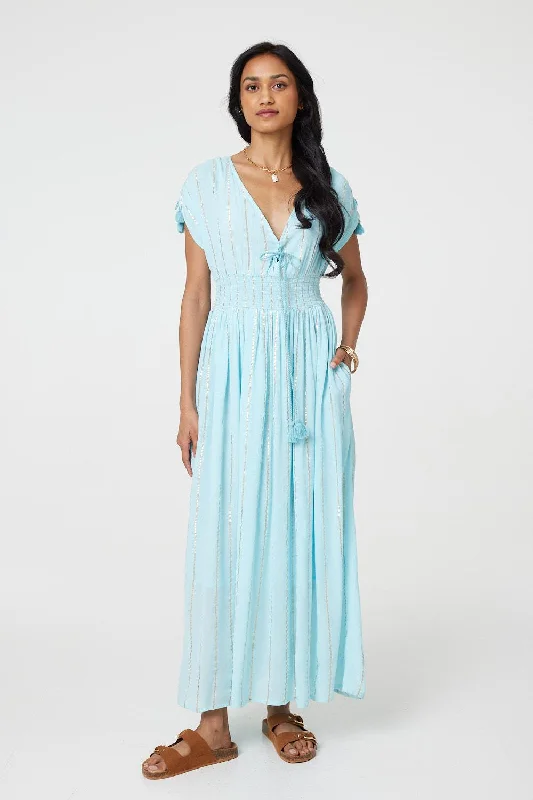 Striped Cap Sleeve Empire Maxi Dress