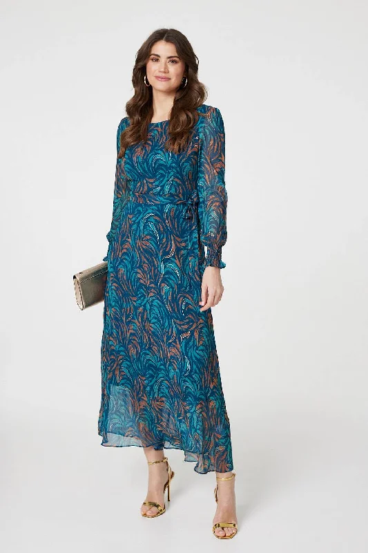 Abstract Long Sheer Sleeve Maxi Dress