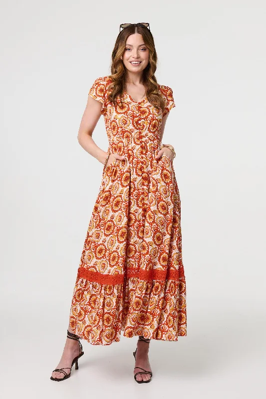 Paisley Cap Sleeve Lace Trim Maxi Dress