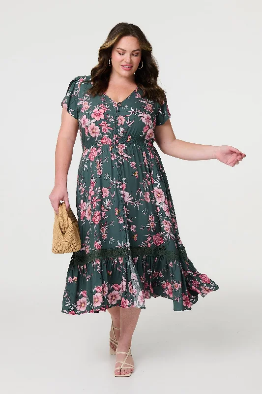 Floral Short Sleeve Lace Trim Maxi Dress