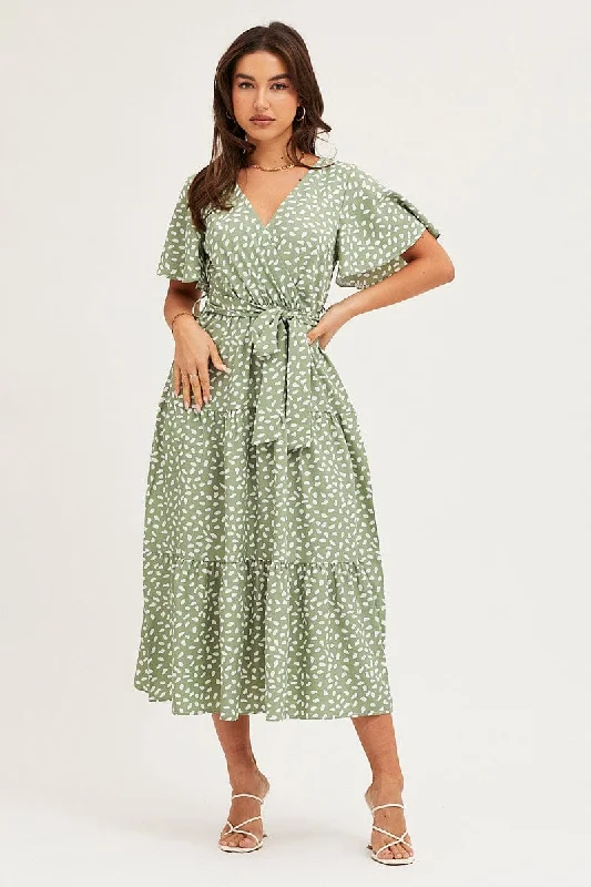 Geo Print Tie Waist Tiered Midi Dress