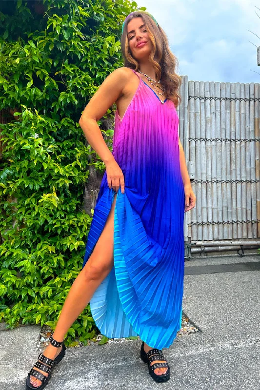 Gotta Let Go - Blue Pink Ombre Pleated Satin Maxi Dress