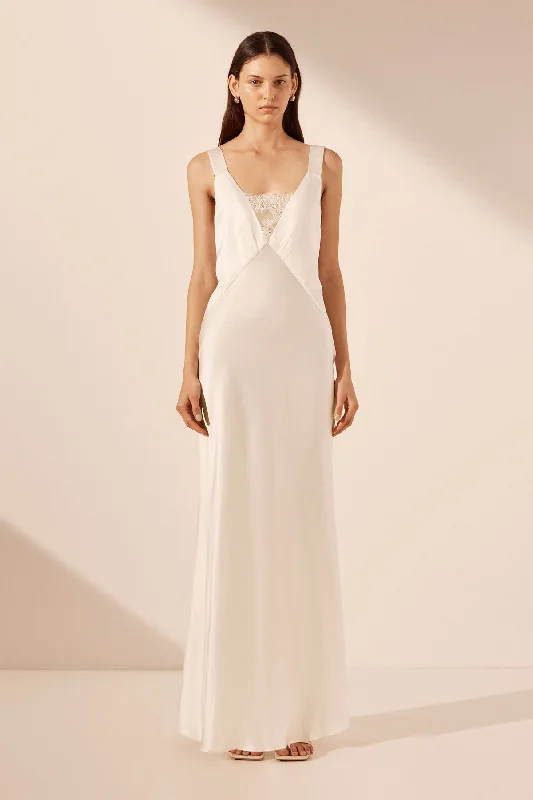 LA LUNE CUMULUS SILK PLUNGED LACE NECK MAXI DRESS - IVORY