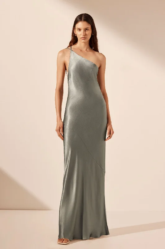 LA LUNE ONE SHOULDER COWL BACK MAXI DRESS - SAGE