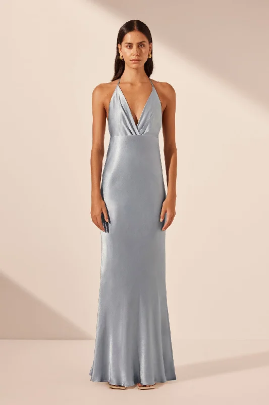 LA LUNE PLUNGED OPEN BACK HALTER MAXI DRESS - POWDER BLUE