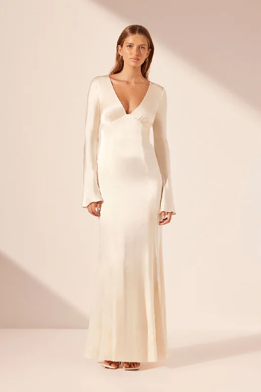 LA LUNE PLUNGED PANELLED MAXI DRESS - CREAM