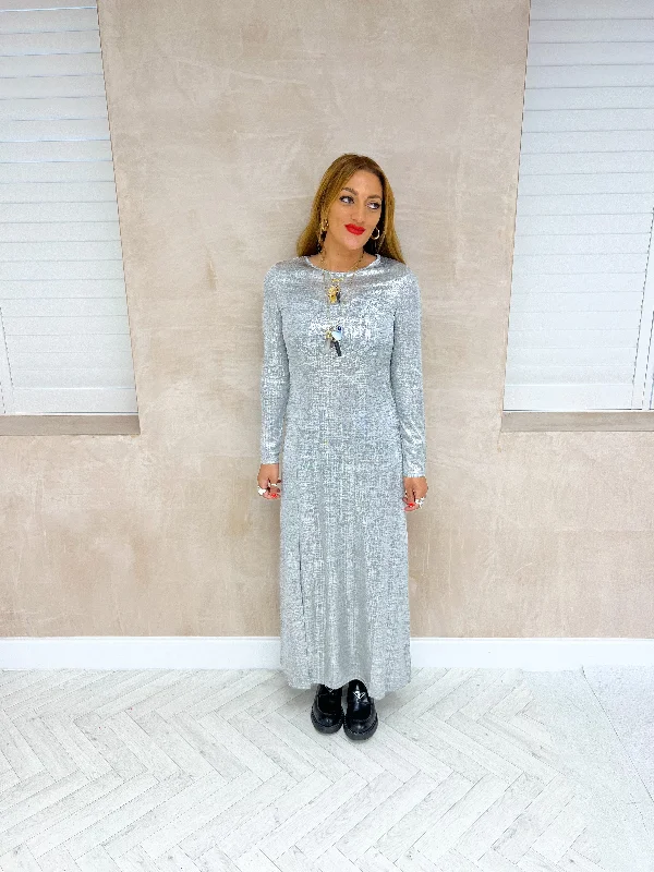 Long Sleeve Maxi Dress In Brushed Silver Metallic