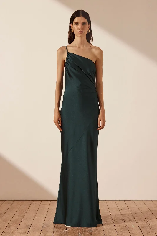 LUXE ASYMMETRICAL GATHERED MAXI DRESS - EMERALD