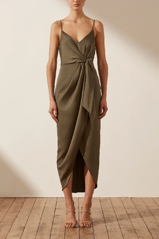 LUXE TIE FRONT COCKTAIL DRESS - PINE