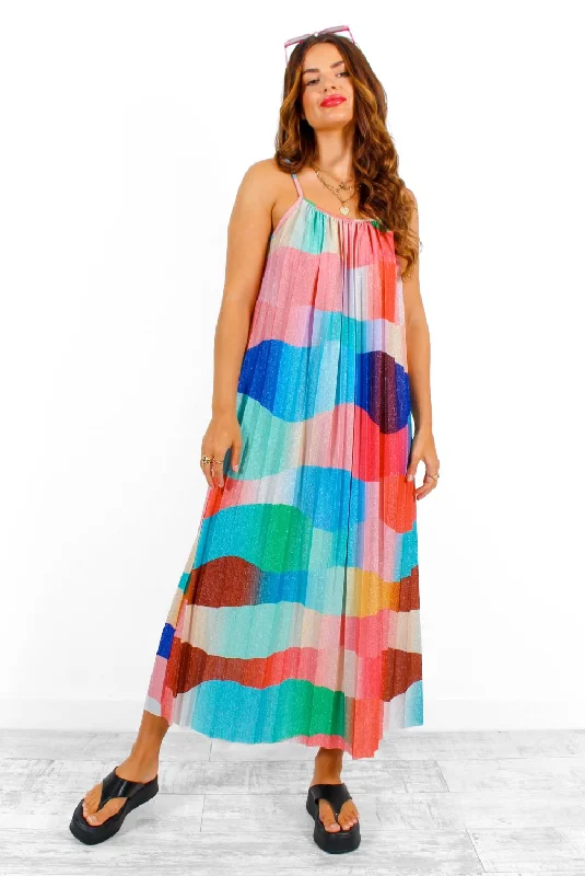 Magic Moments - Multi Printed Lurex Pleated Maxi Dress