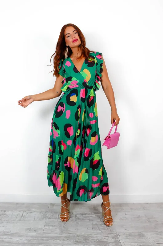 Mamma Mia - Forest Neon Leopard Pleated Maxi Dress