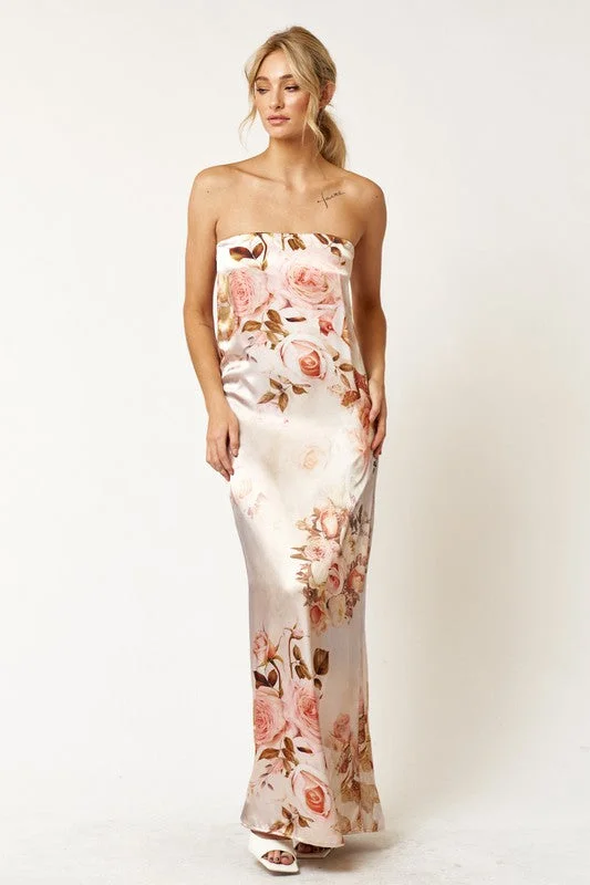 Milan Floral Satin Tube Maxi Dress