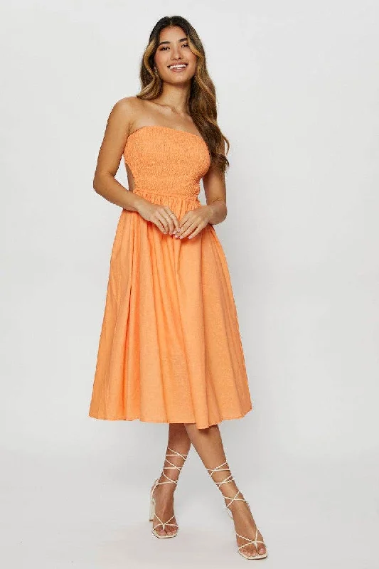 Orange Cut Out Linen Shirred Midi Dress