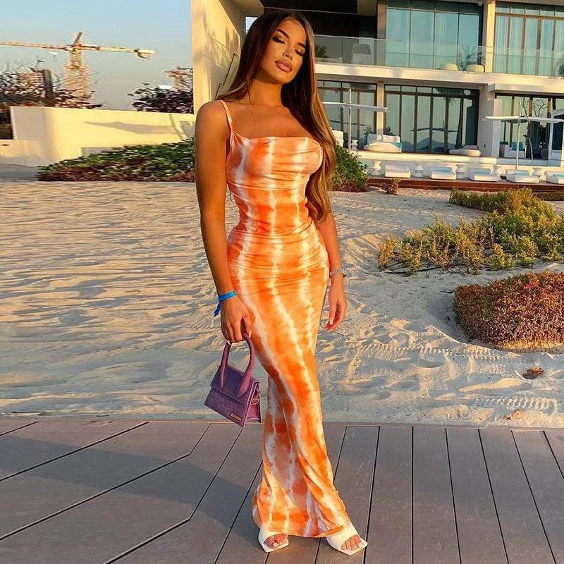 Orange Tie-Dye Bodycon Maxi Dress