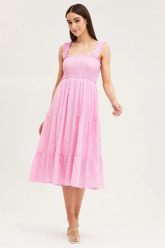 Pink Midi Dress Short Sleeve