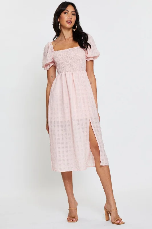 Pink Midi Dress Short Sleeve