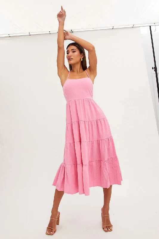 Pink Midi Dress Sleeveless Square Neck