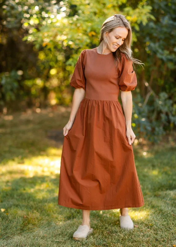 Puff Sleeve Cotton Knit Bodice Midi Dress