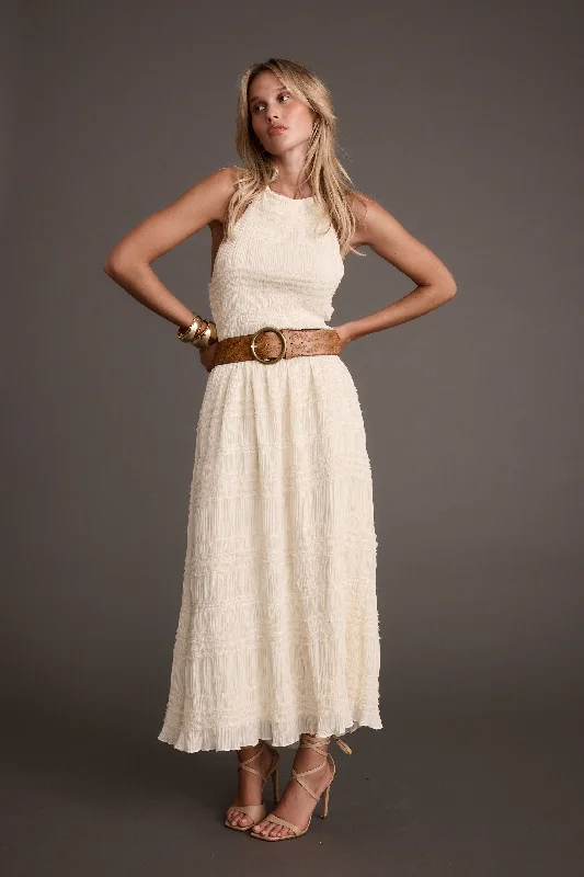 Quinn Ivory High Neck Shimmer Chiffon Maxi Dress