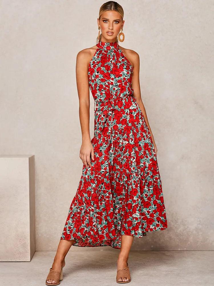 Red Summer Halter Neck Dress