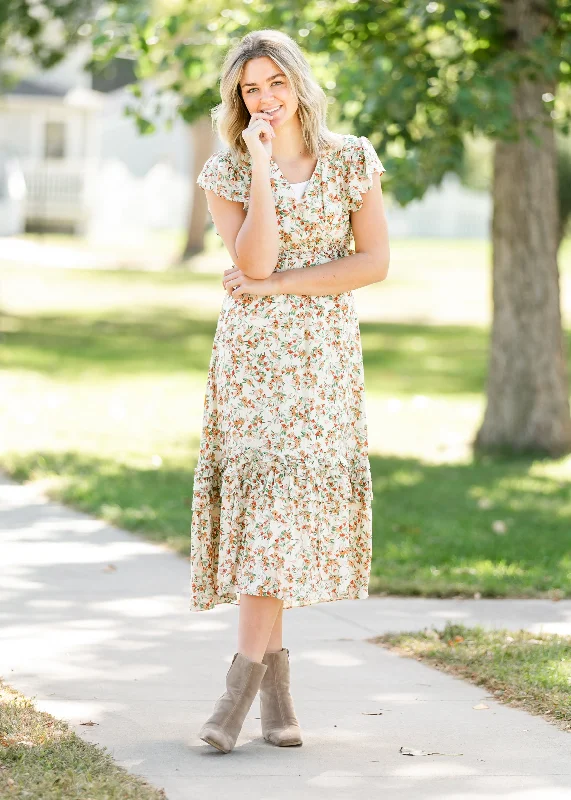 Ruffle Tiered Cream Floral Midi Dress