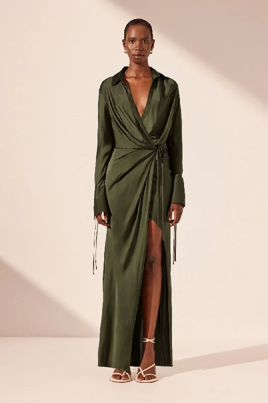 SHAE DRAPED SHIRT MAXI DRESS - PINE GREEN