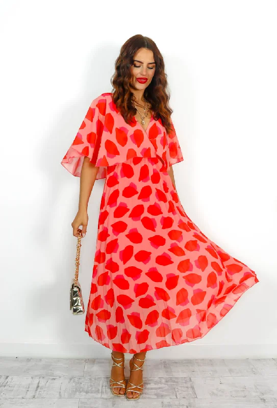 Timeless - Red Pink Abstract Print Pleated Maxi Dress