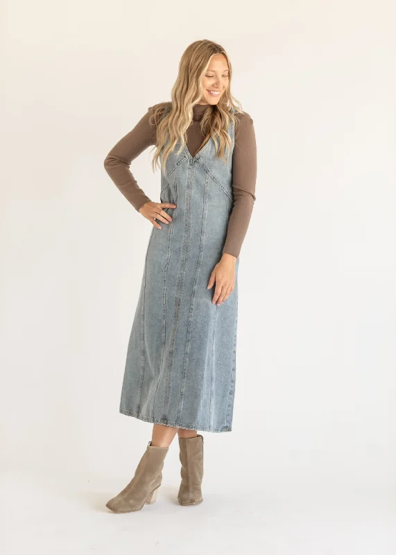 V-neck Paneled Denim Maxi Dress - FINAL SALE