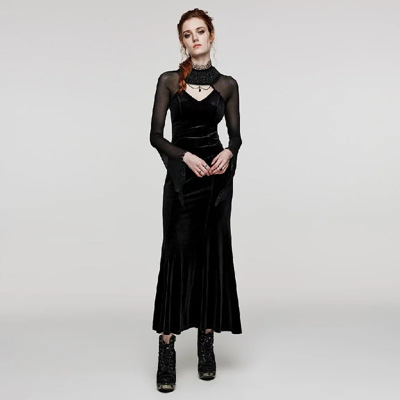 Women's Gothic Cutout Beaded Mesh Splice Velvet Dress