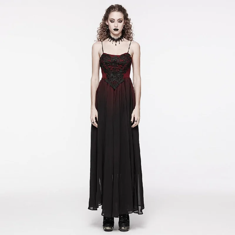 Women's Gothic Floral Embroidered Red Gradient Slip Wedding Dress