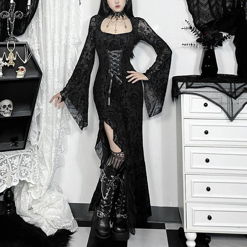 Women's Gothic Lace-up Lace Side Slit Maxi Dress