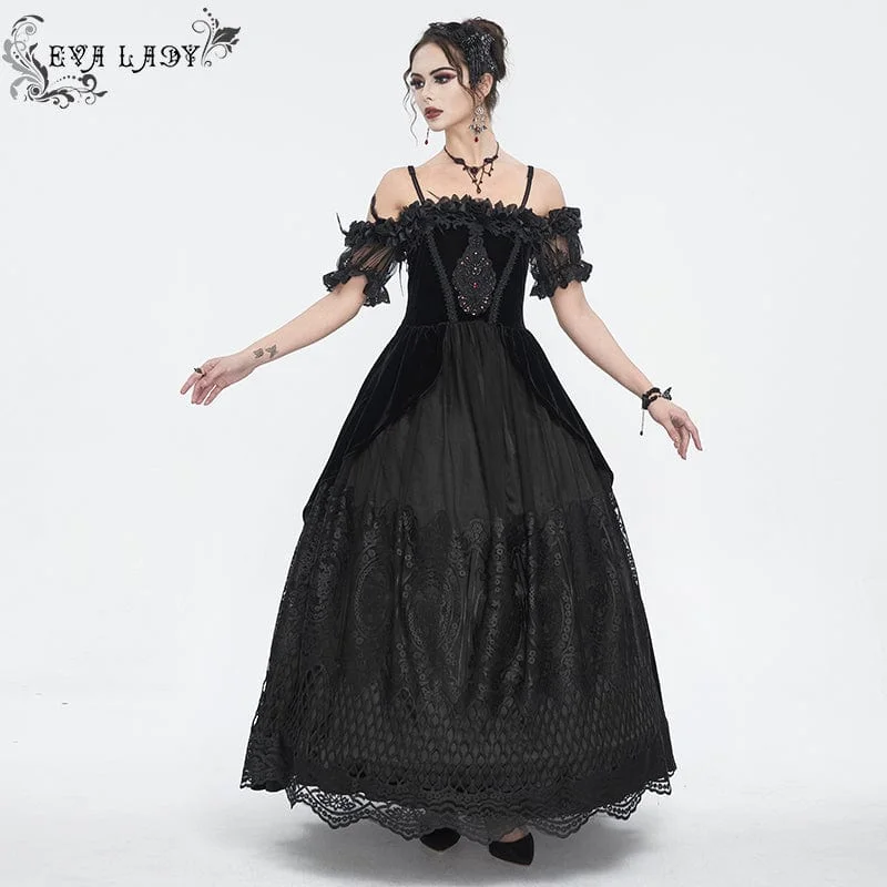 Women's Gothic Off Shoulder Rose Beaded Velvet Black Wedding Dress