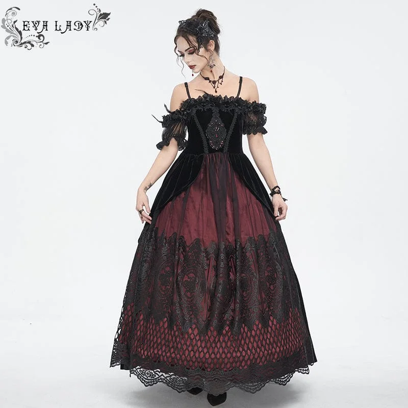 Women's Gothic Off Shoulder Rose Beaded Velvet Red Dress