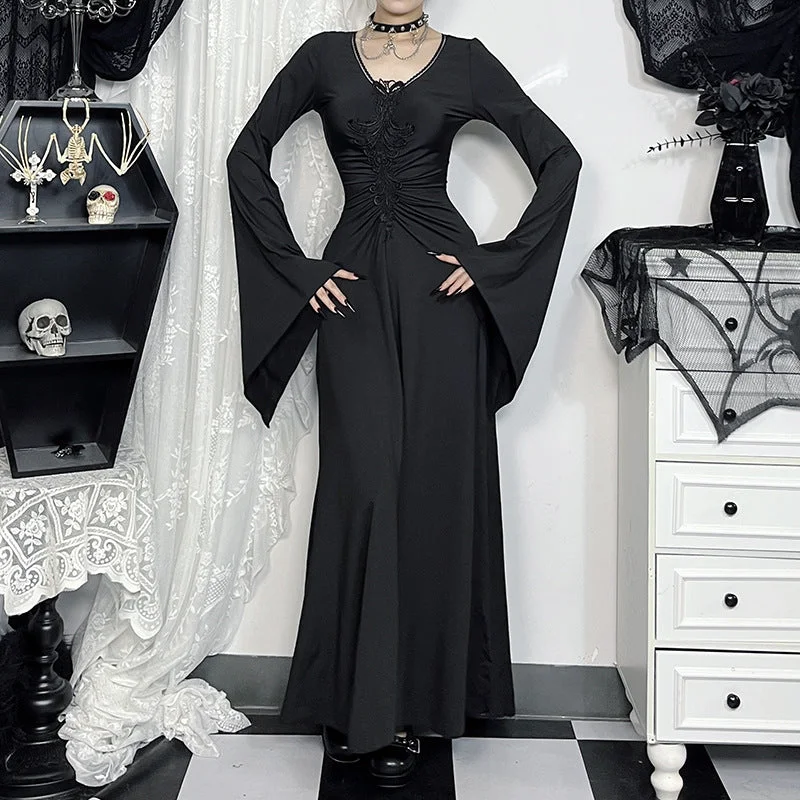 Women's Gothic Plunging Long Toned Horn Sleeved Maxi Dress