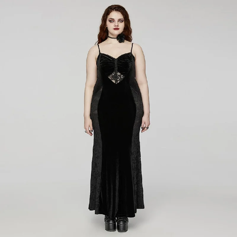 Women's Plus Size Gothic Lace Splice Velvet Fishtail Evening Slip Dress