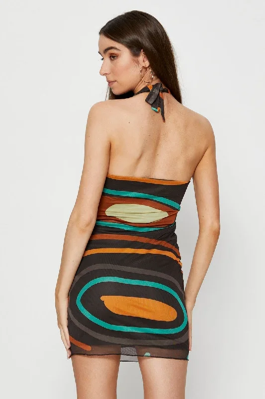 Abstract Print Bodycon Dress Mini Halter Neck