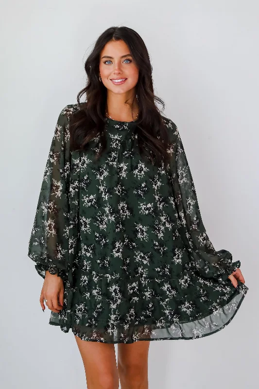 Adorably Flirty Hunter Green Floral Mini Dress