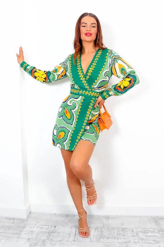 As Good As Bold - Green Orange Printed Mini Dress