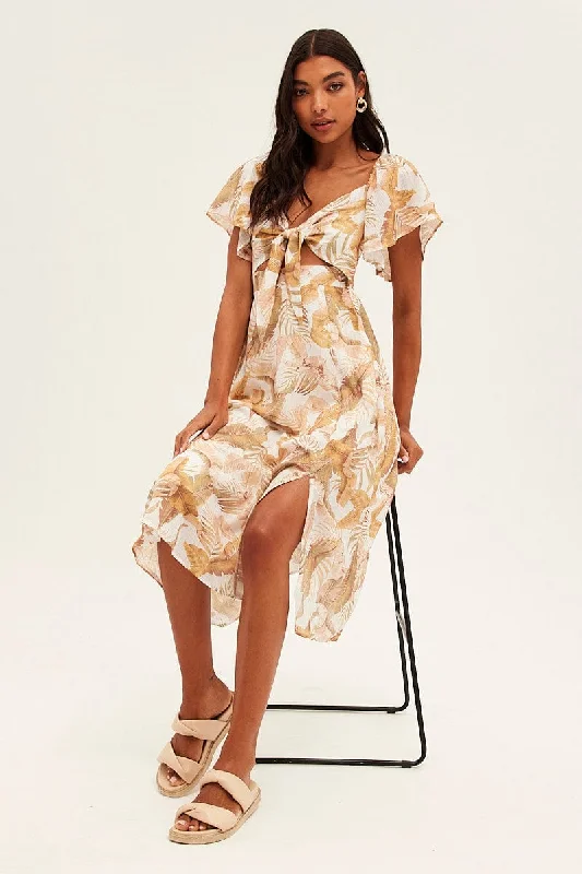 Beige Floral Midi Dress Square Neck Short Sleeve