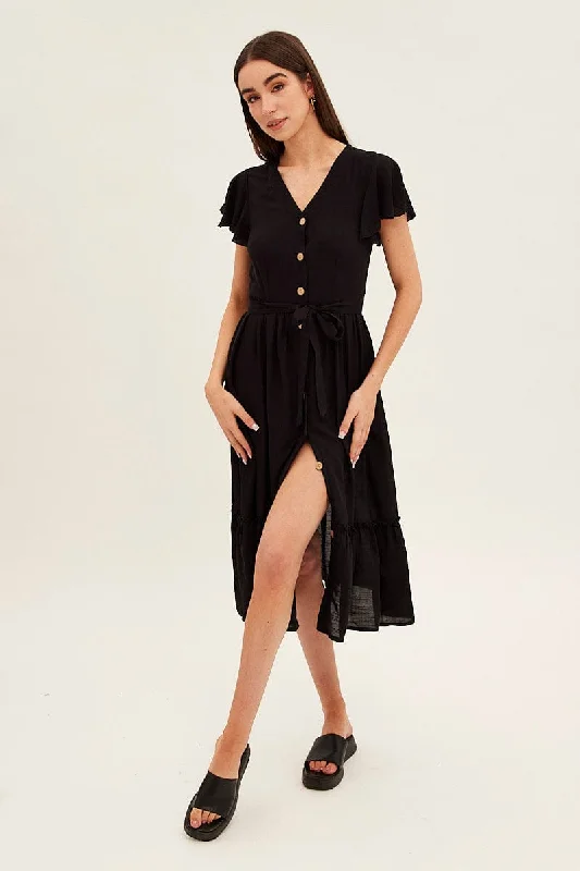 Black Button Front Bell Sleeve Midi Dress