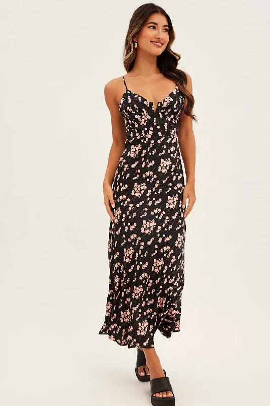 Black Floral Midi Dress Sleeveless V-Neck Satin