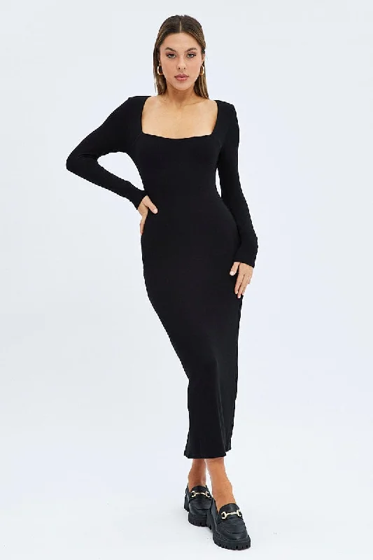 Black Midi Dress Long Sleeve Bodycon Ribbed