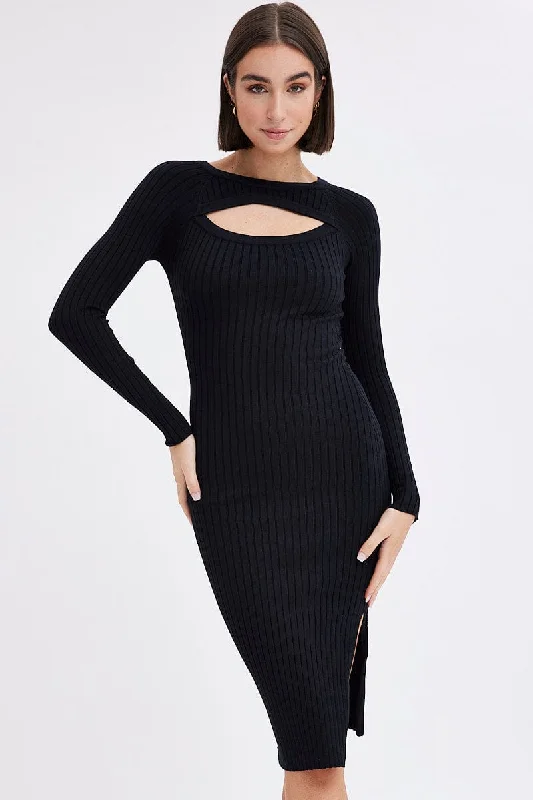 Black Midi Dress Long Sleeve Round Neck Keyhole Rib Knit