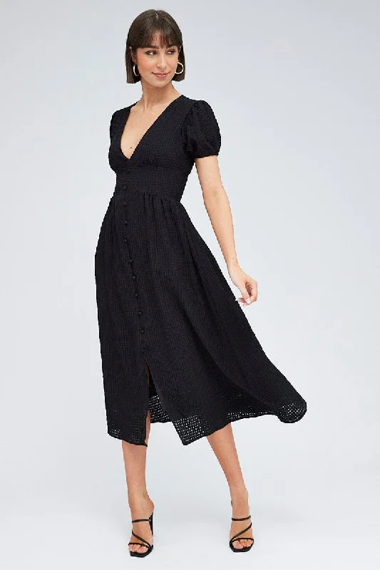 Black Midi Dress Puff Sleeve